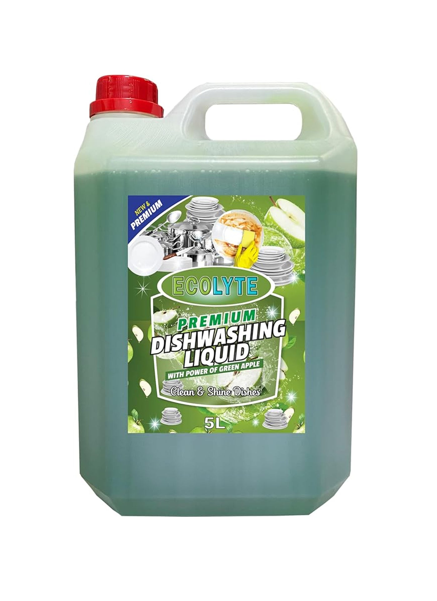 ECOLYTE+ Dishwashing Liquid Soap, Platinum Antibacterial Detergent & Perfect Shine, All Purpose Cleaner, Leaves No Residue, Kitchen Cleaner, Removes Grease & Oil - (Green Apple, 5 Liter)